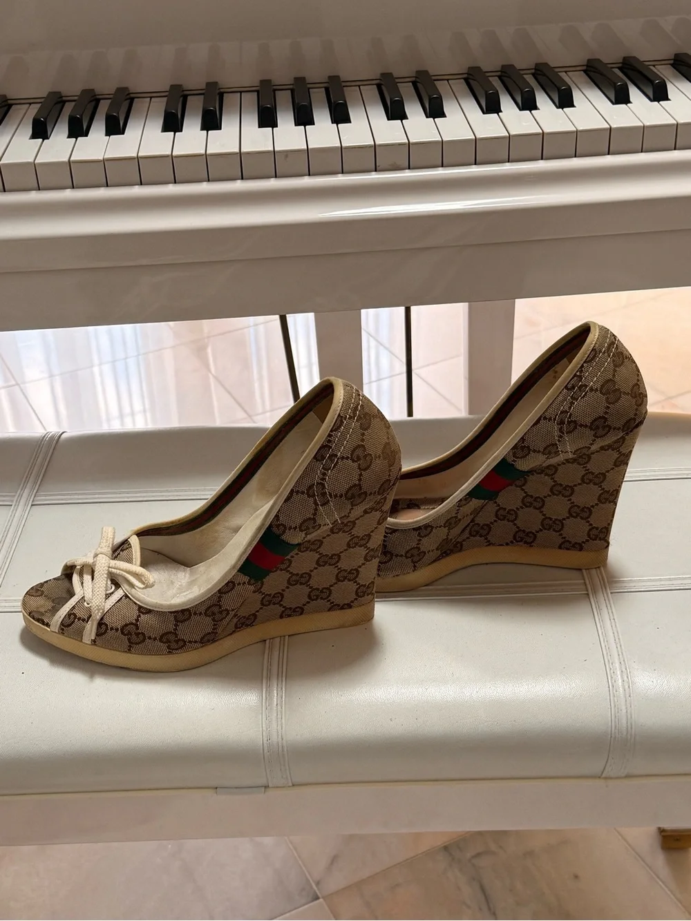 Gucci Brown Monogram Wedge Peep-Toe Pumps with Red-Green Web